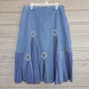 Vintage Denim Maxi Skirt with Pleated Insets & Floral Appliqué